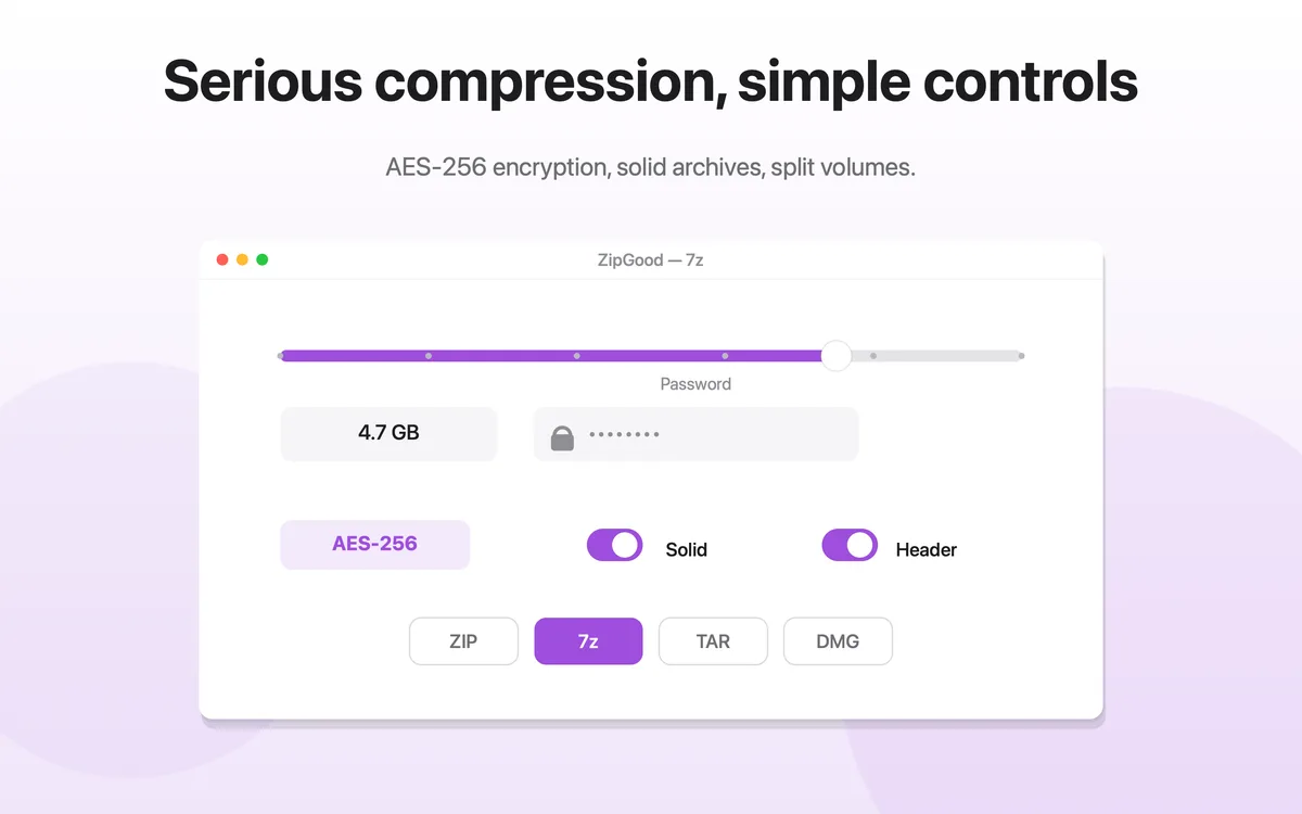 ZipGood 7z options panel with a compression method slider, password field, AES-256 label and toggles for solid archives and header encryption