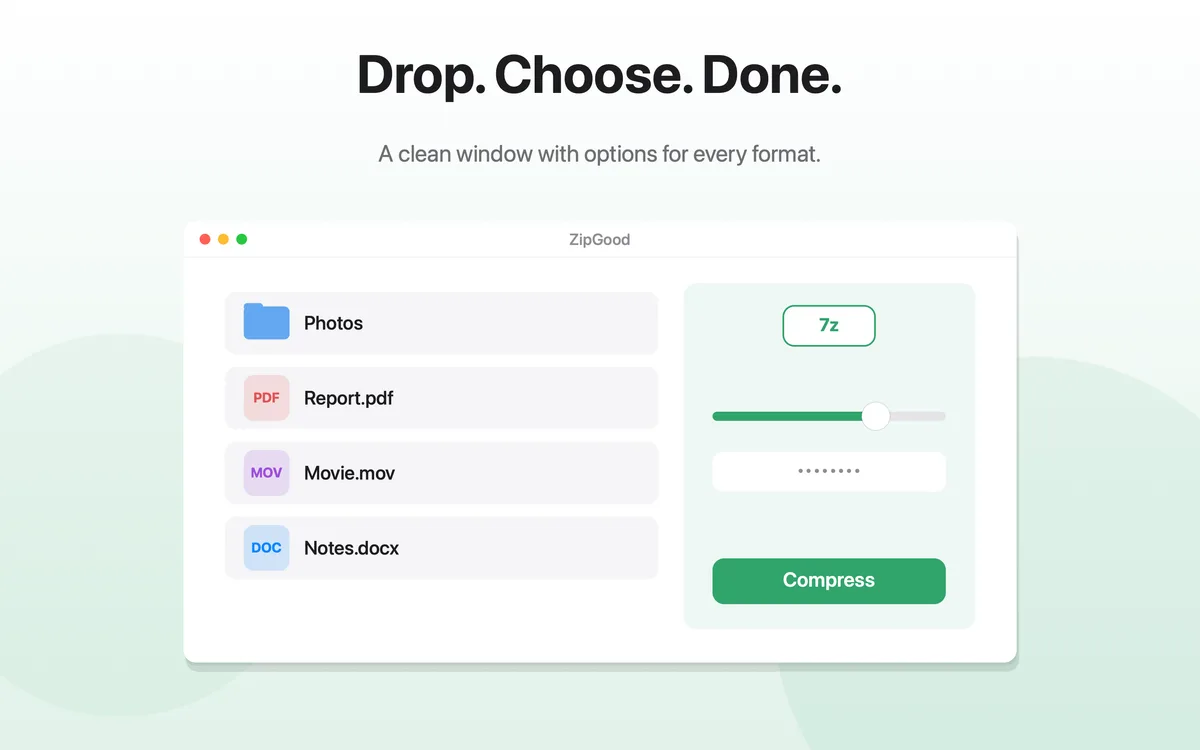ZipGood compression window listing Photos, Report.pdf, Movie.mov and Notes.docx with a 7z format panel and a Compress button