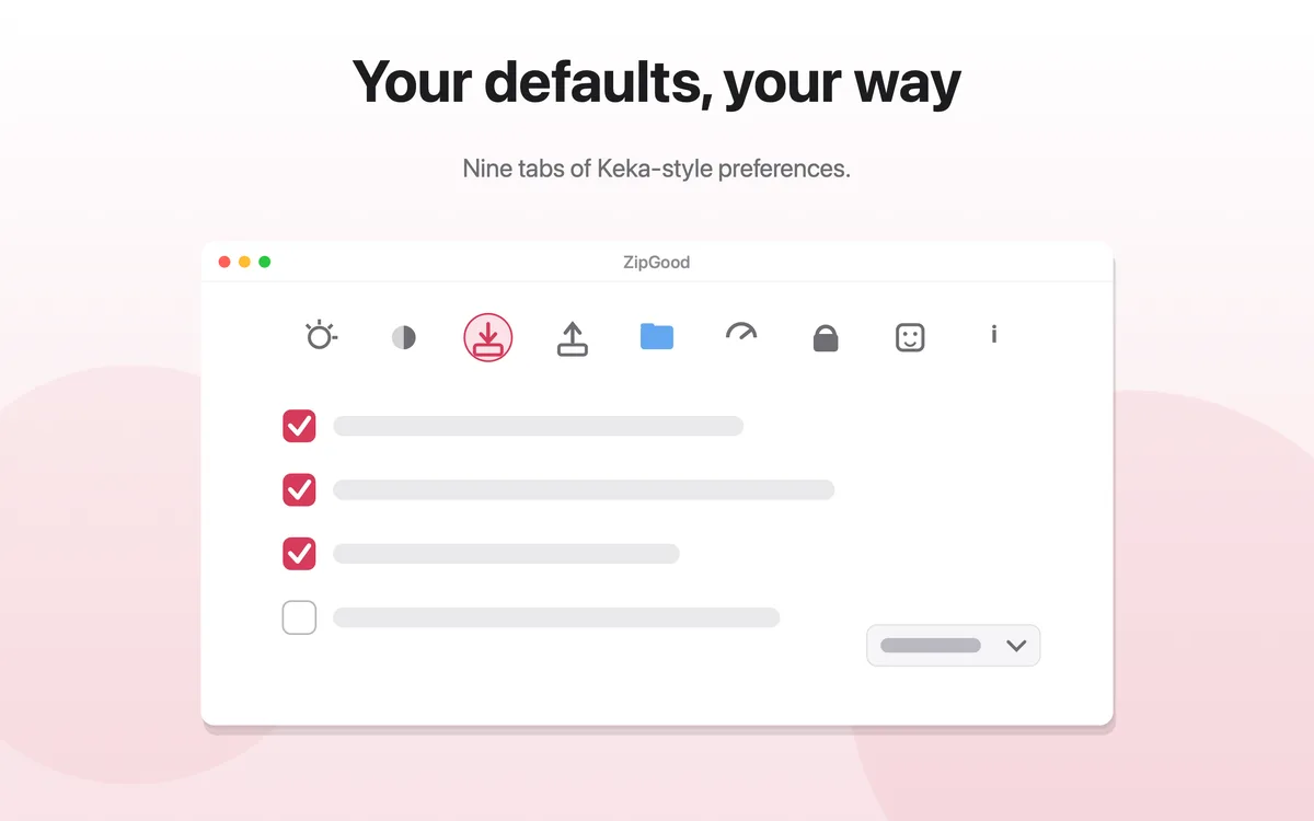 ZipGood preferences window with a row of settings tabs and a list of format-specific archive preferences