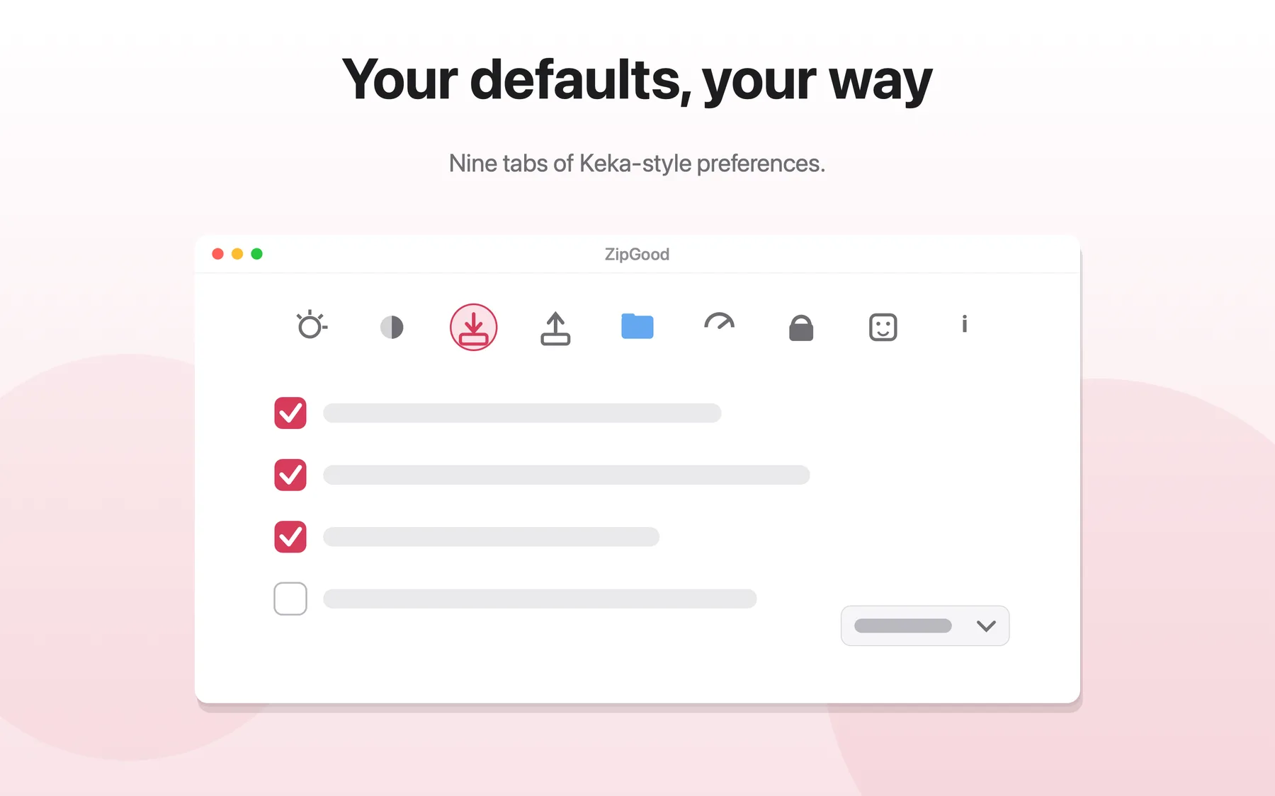 ZipGood preferences window with a row of settings tabs and a list of format-specific archive preferences
