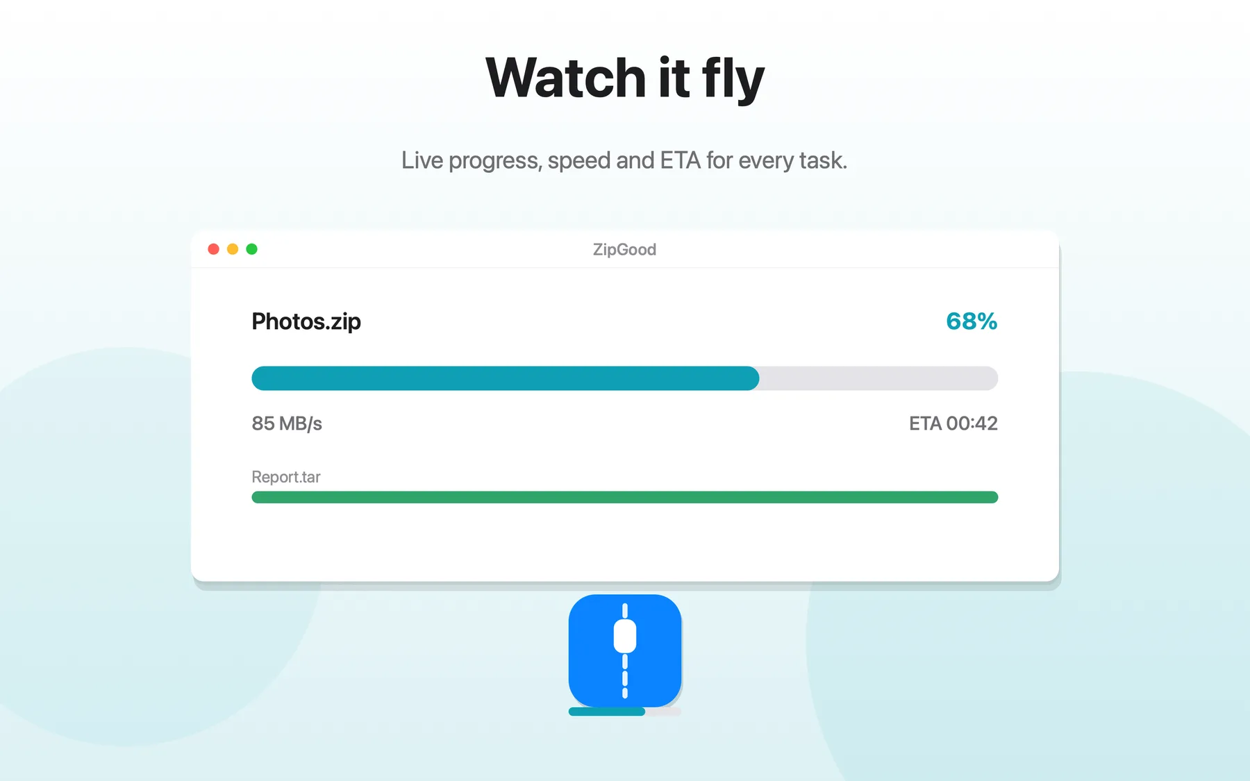 ZipGood progress window showing a Photos.zip compression at 68 percent, a speed of 85 MB/s and an ETA of 00:42, with the ZipGood Dock icon below